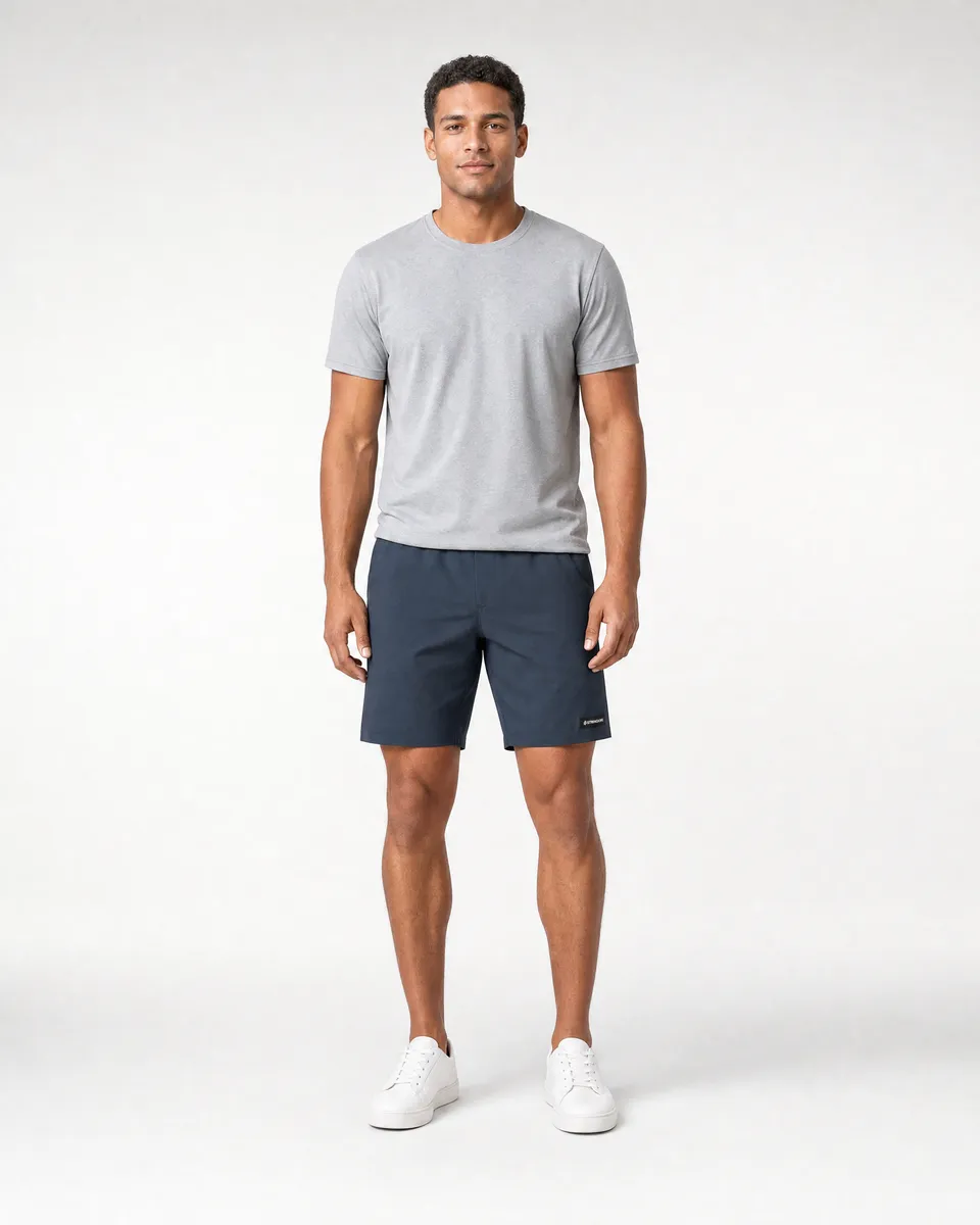 StringKing Men's Nylon Flex Shorts - Sharp Fit, Navy, Full Front - Human Model