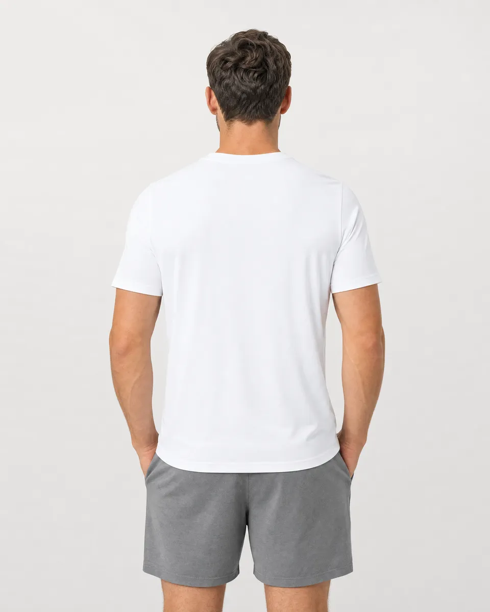 StringKing Men's StayWarm Tee - Sharp Fit, White, Full Back - Human Model - Top of head to Mid-thigh