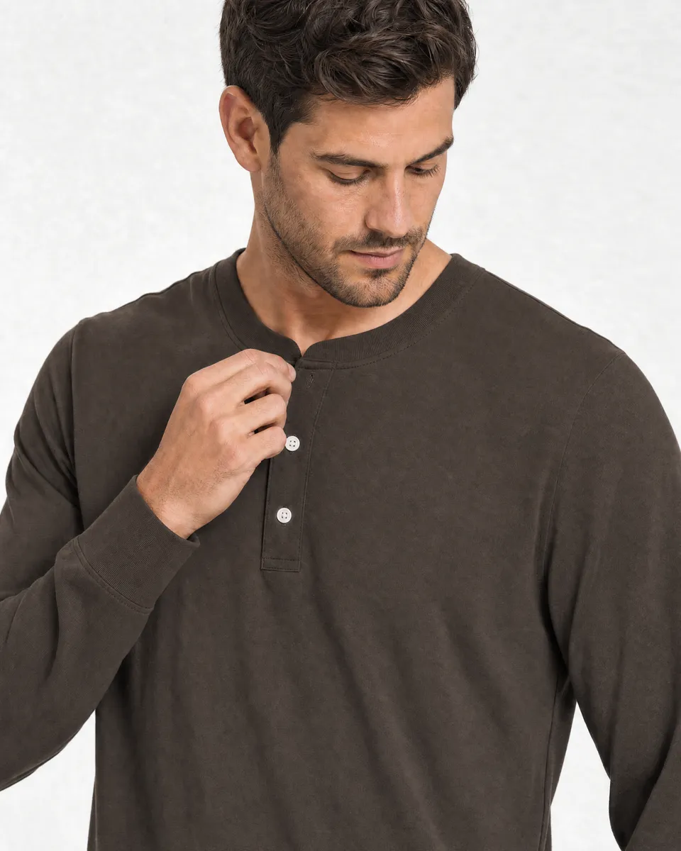 StringKing Men's Pima Jersey Henley - Relaxed Fit, Wren, Collar Shoulder - Human Model