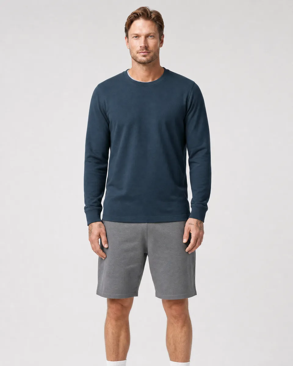 StringKing Men's Pima Terry Long Sleeve Tee - Sharp Fit, Navy, Full Front - Human Model - Top of head to Knees