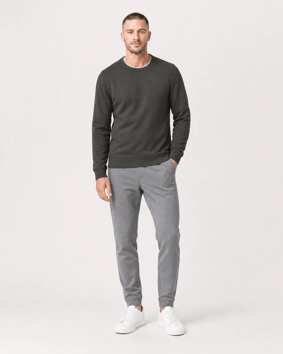 StringKing Men's Pima Terry Crew Sweater - Sharp Fit, Peat, Full Front - Human Model - Top of head to Knees