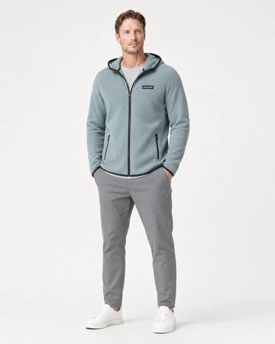 StringKing Men's Polartec Fleece Full Zip Hoodie with Pockets - Relaxed Fit, Slate, Full Front - Human Model - Top of head to Knees