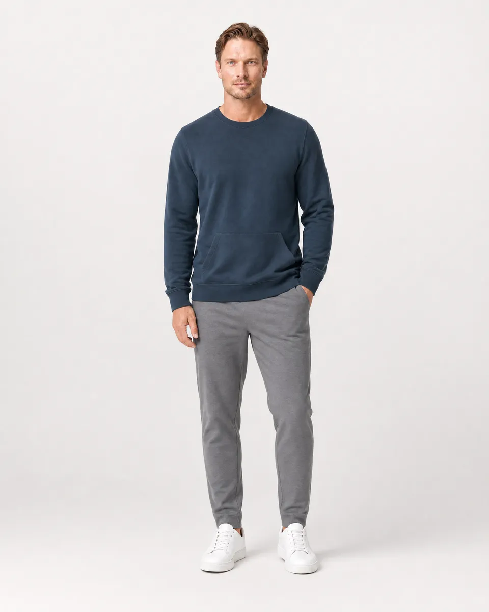 StringKing Men's Pima Terry Crew Sweatshirt - Relaxed Fit, Navy, Full Front - Human Model - Top of head to Knees