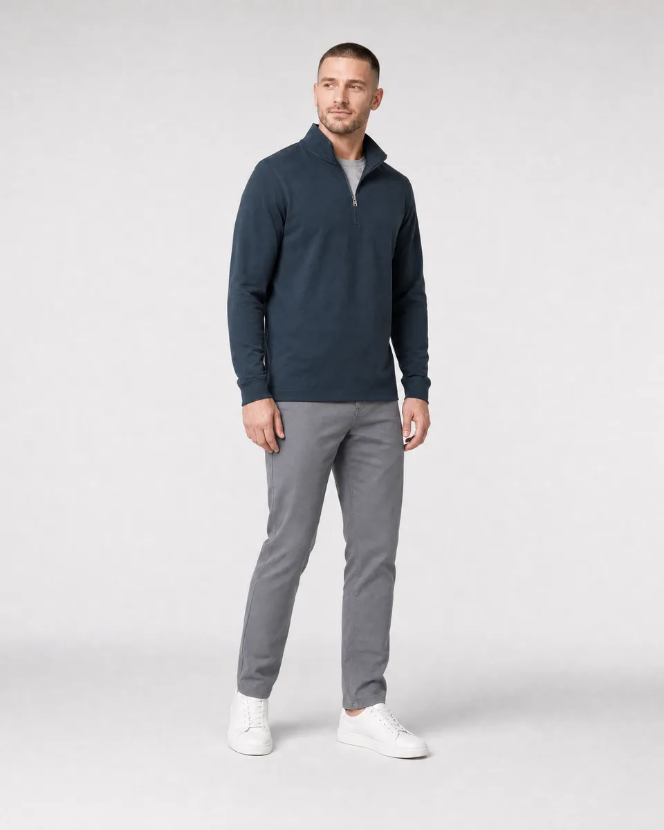 StringKing Men's Pima Terry Quarter Zip - Sharp Fit, Navy, Full Front Angle - Human Model