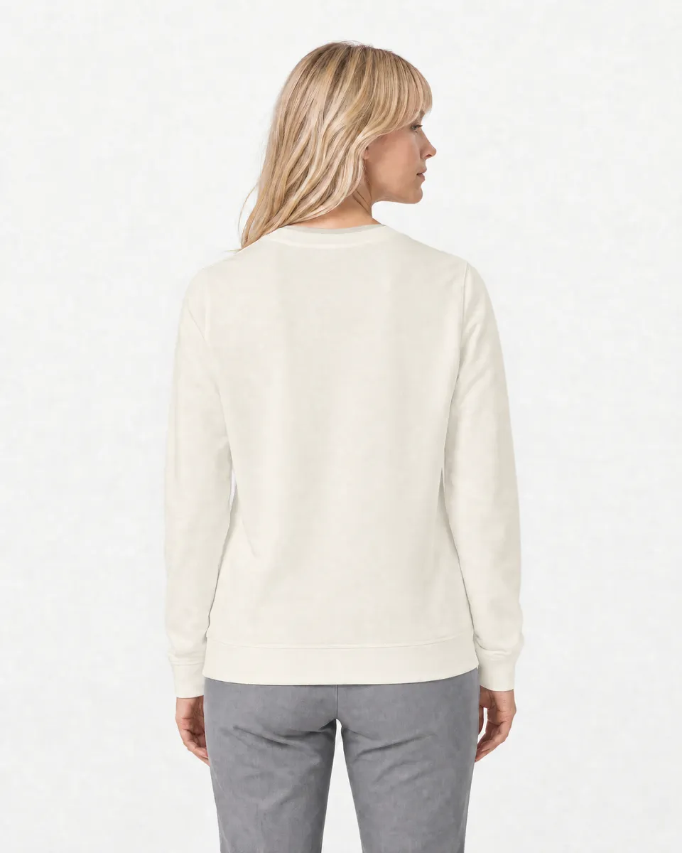 StringKing Women's Pima Terry Crew Sweater - Relaxed Fit, Tofu, Full Back - Human Model - Top of head to Mid-thigh