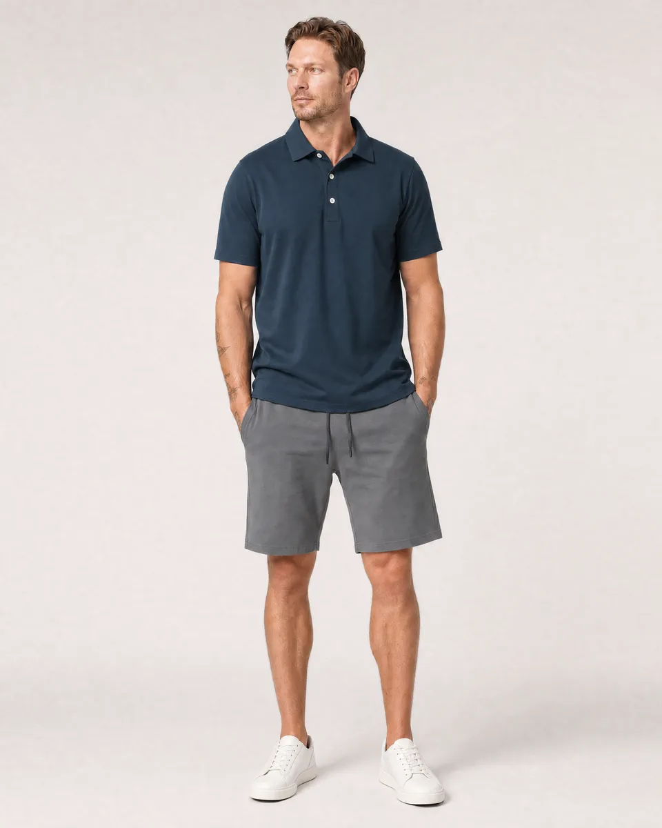 StringKing Men's Pima Jersey Classic Polo - Relaxed Fit, Navy, Full Front - Human Model - Top of head to Knees