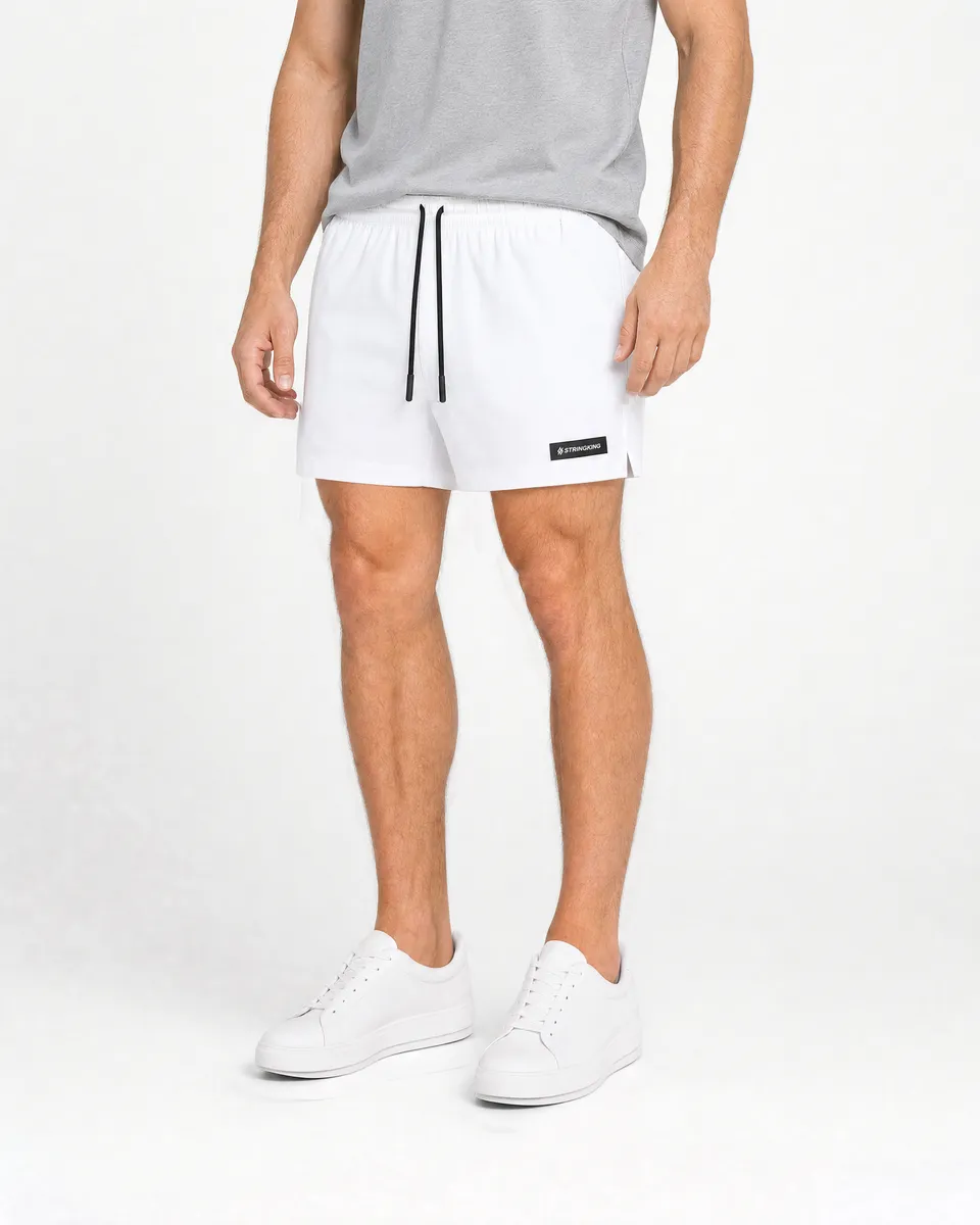 StringKing Men's Velocity Short - Sharp Fit, White, 5 inch, Full Front - Human Model - Waist to Mid-calf