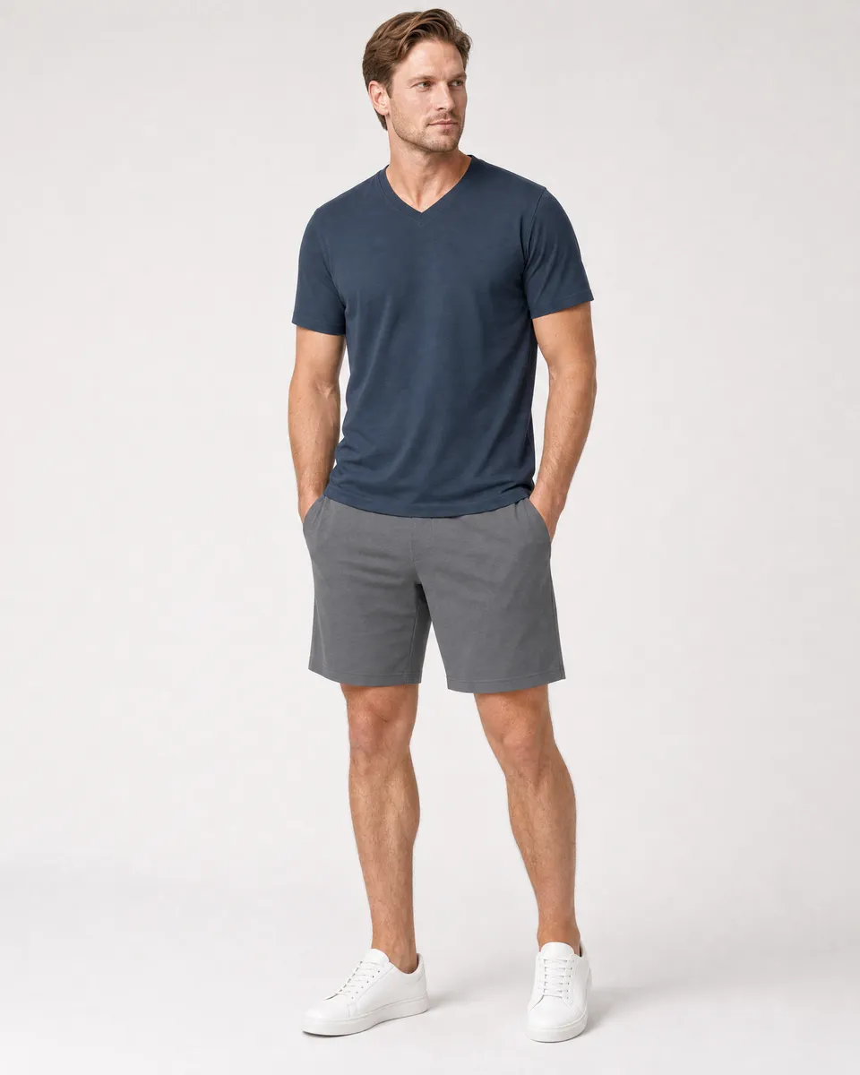 StringKing Men's Pima Jersey V-Neck Tee - Sharp Fit, Navy, Full Front - Human Model - Top of head to Knees