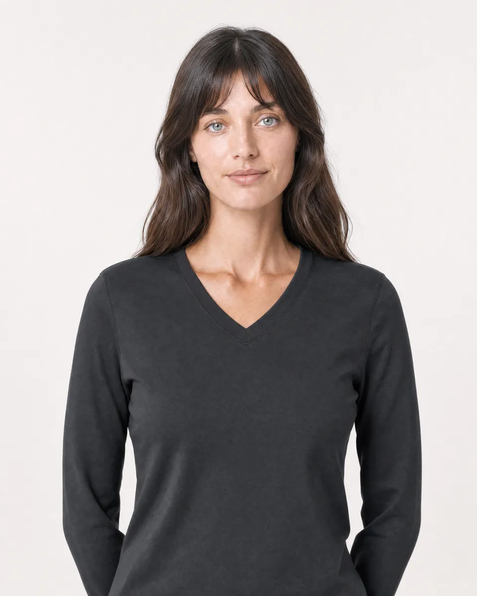 StringKing Women's Pima Jersey Long Sleeve V-Neck Tee - Sharp Fit, Black, Collar Shoulder - Human Model
