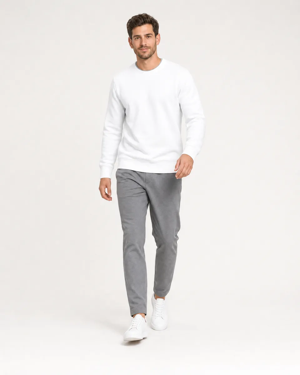 StringKing Men's Pima Terry Crew Sweater - Sharp Fit, White, Full Front Angle - Human Model