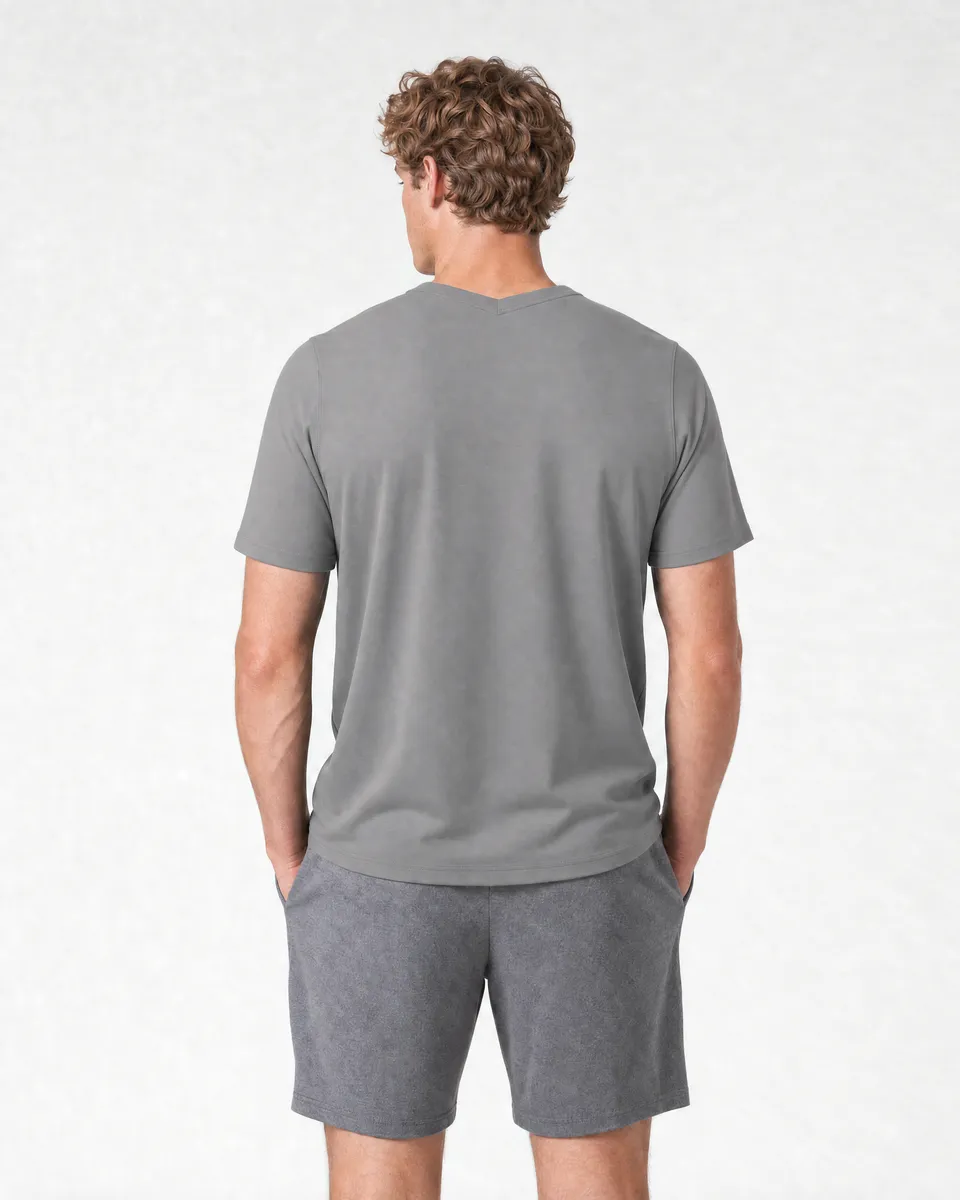 StringKing Men's Pima Terry V-Neck Tee - Relaxed Fit, Frost Gray, Full Back - Human Model - Top of head to Mid-thigh
