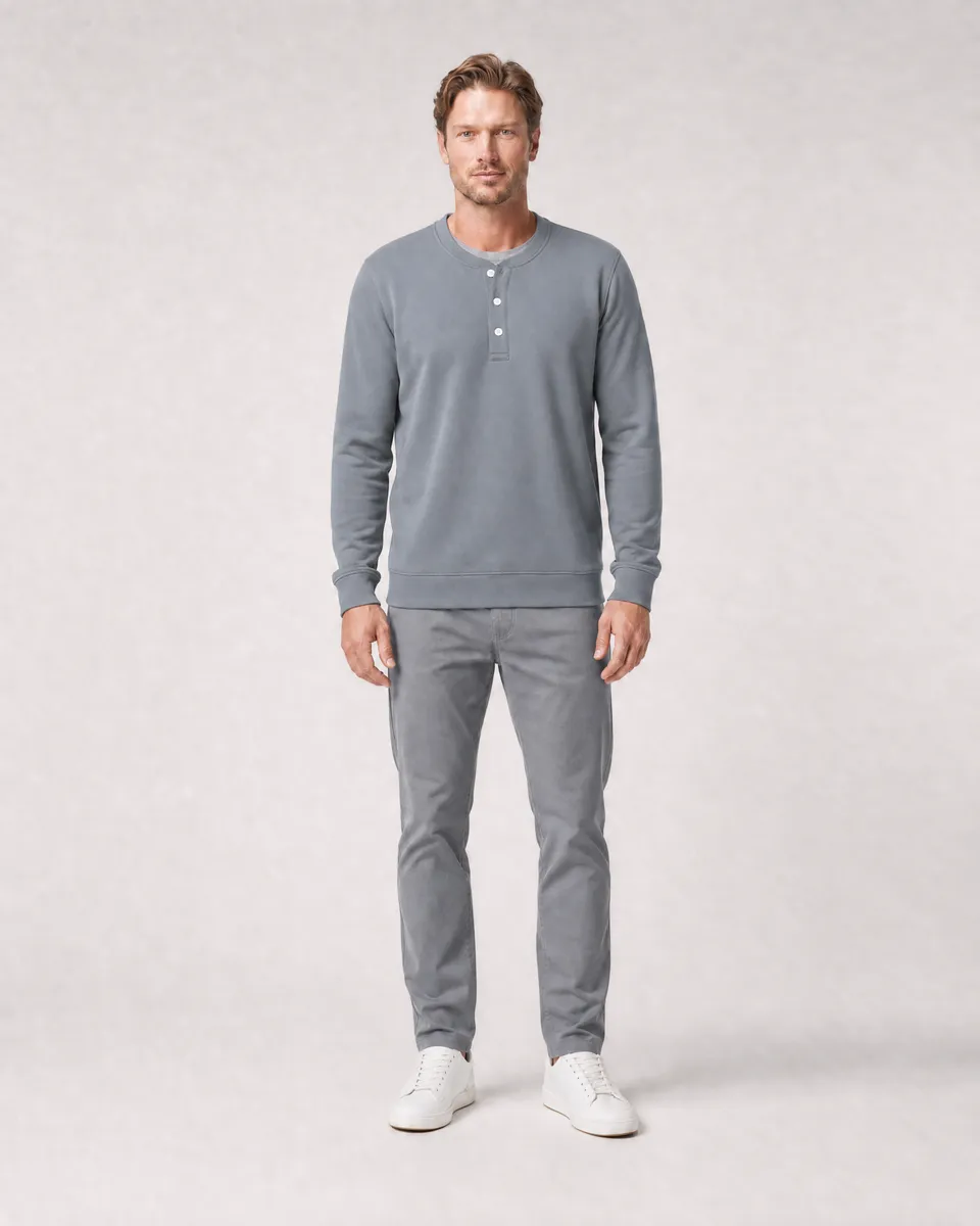StringKing Men's Pima Terry Henley - Sharp Fit, Tradewinds, Full Front - Human Model