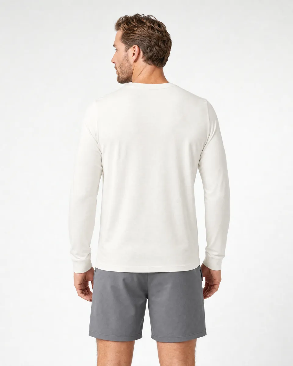 StringKing Men's Pima Jersey Long Sleeve Tee - Sharp Fit, Tofu, Full Back - Human Model - Top of head to Mid-thigh