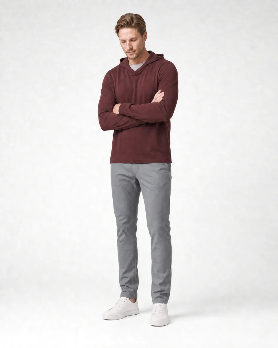 StringKing Men's Pima Jersey Hoodie - Relaxed Fit, New Maroon, Full Front Angle - Human Model