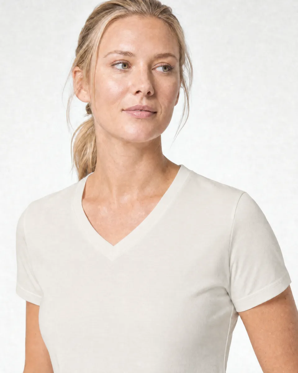 StringKing Women's Pima Jersey V-Neck Tee - Sharp Fit, Tofu, Collar Shoulder - Human Model