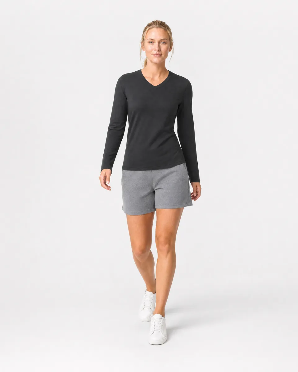 StringKing Women's Pima Terry Long Sleeve V-Neck Tee - Sharp Fit, Black, Full Front Angle - Human Model