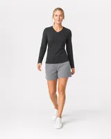 StringKing Women's Pima Terry Long Sleeve V-Neck Tee - Sharp Fit, Black, Full Front Angle - Human Model