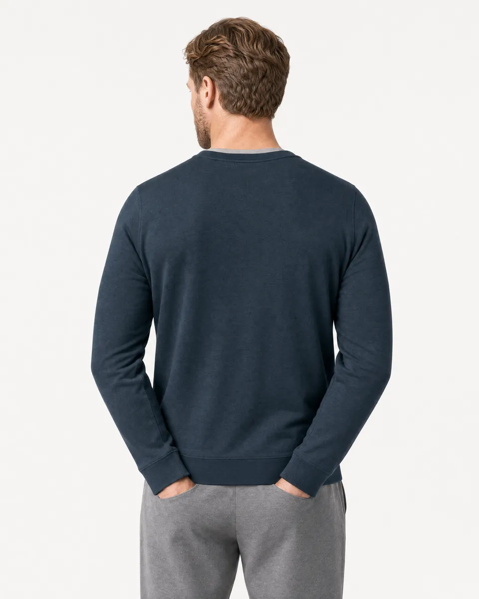 StringKing Men's Pima Terry V-Neck Sweater - Sharp Fit, Navy, Full Back - Human Model - Top of head to Mid-thigh