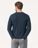 StringKing Men's Pima Terry V-Neck Sweater - Sharp Fit, Navy, Full Back - Human Model - Top of head to Mid-thigh