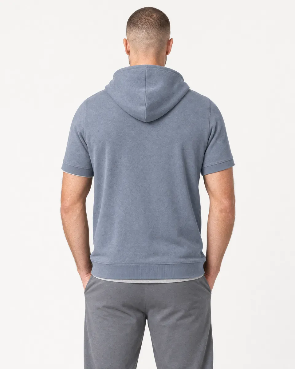 StringKing Men's Pima Terry Short Sleeve Hoodie - Sharp Fit, Tradewinds, Full Back - Human Model - Top of head to Mid-thigh