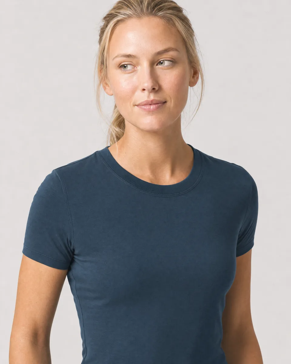 StringKing Women's Pima Jersey Tee - Sharp Fit, Navy, Collar Shoulder - Human Model