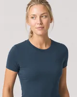 StringKing Women's Pima Jersey Tee - Sharp Fit, Navy, Collar Shoulder - Human Model