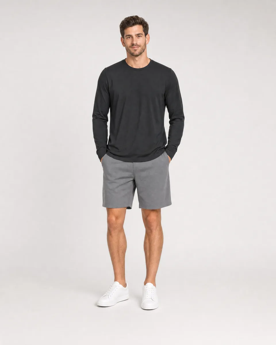 StringKing Men's Pima Jersey Long Sleeve Tee - Sharp Fit, Black, Full Front - Human Model