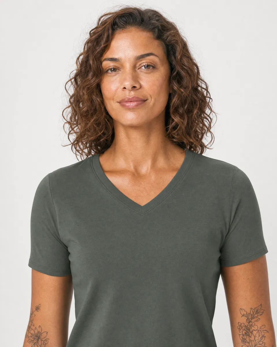 StringKing Women's Pima Jersey V-Neck Tee - Sharp Fit, Moss, Collar Shoulder - Human Model