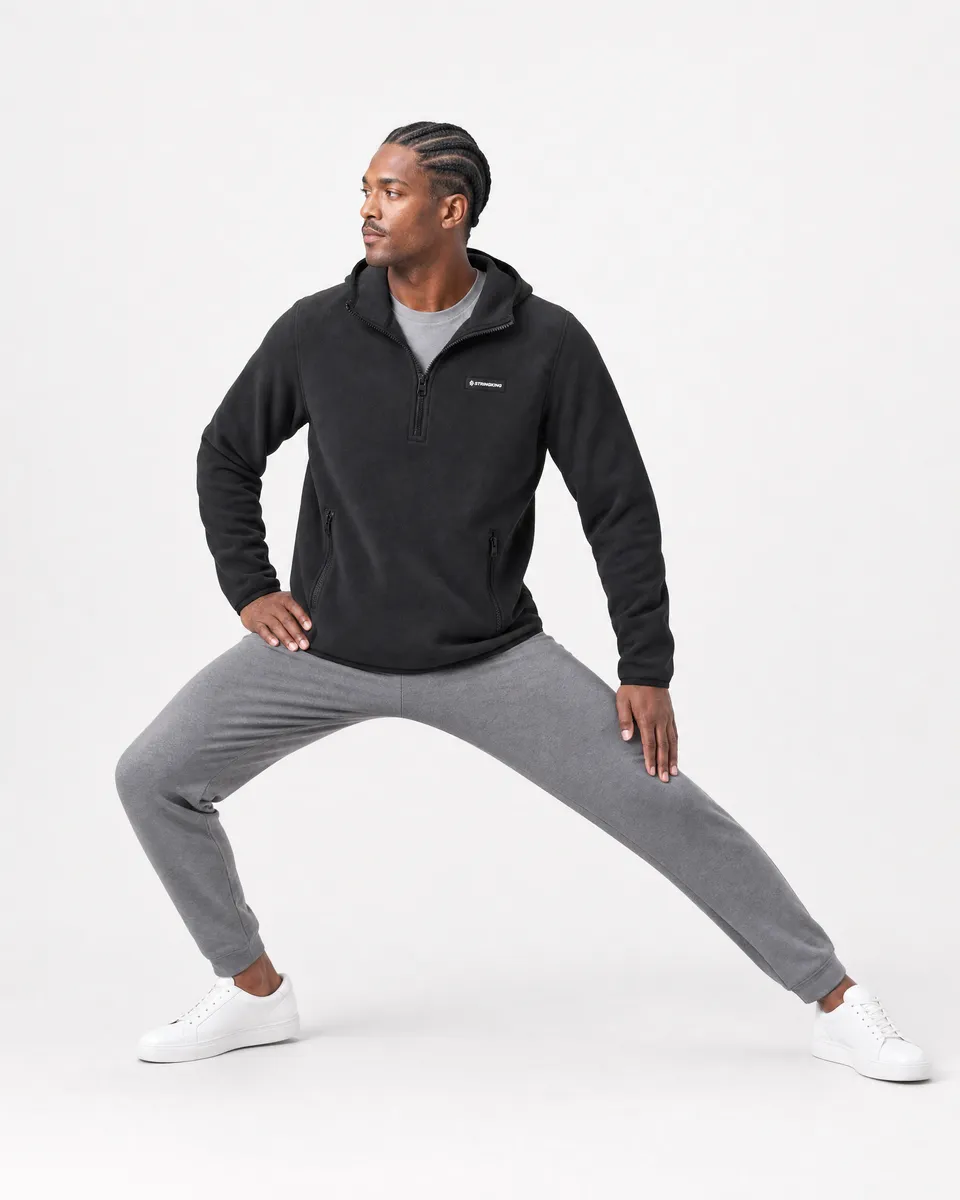 StringKing Men's Polartec Fleece Quarter Zip Hoodie with Pockets - Relaxed Fit, Meteorite, Full Front Angle - Human Model