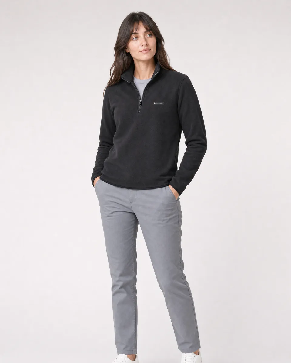 StringKing Women's Polartec Fleece Quarter Zip - Sharp Fit, Meteorite, Full Front - Human Model - Top of head to Knees