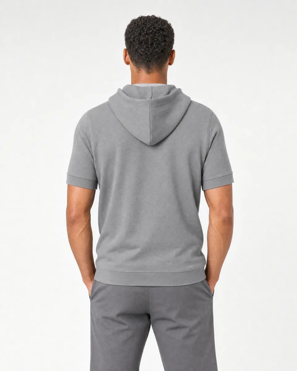 StringKing Men's Pima Terry Short Sleeve Hoodie - Sharp Fit, Frost Gray, Full Back - Human Model - Top of head to Mid-thigh