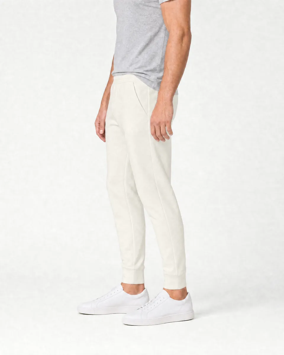 StringKing Men's Pima Terry Sweatpants - Sharp Fit, Tofu, Full Side - Human Model - Chest to Feet