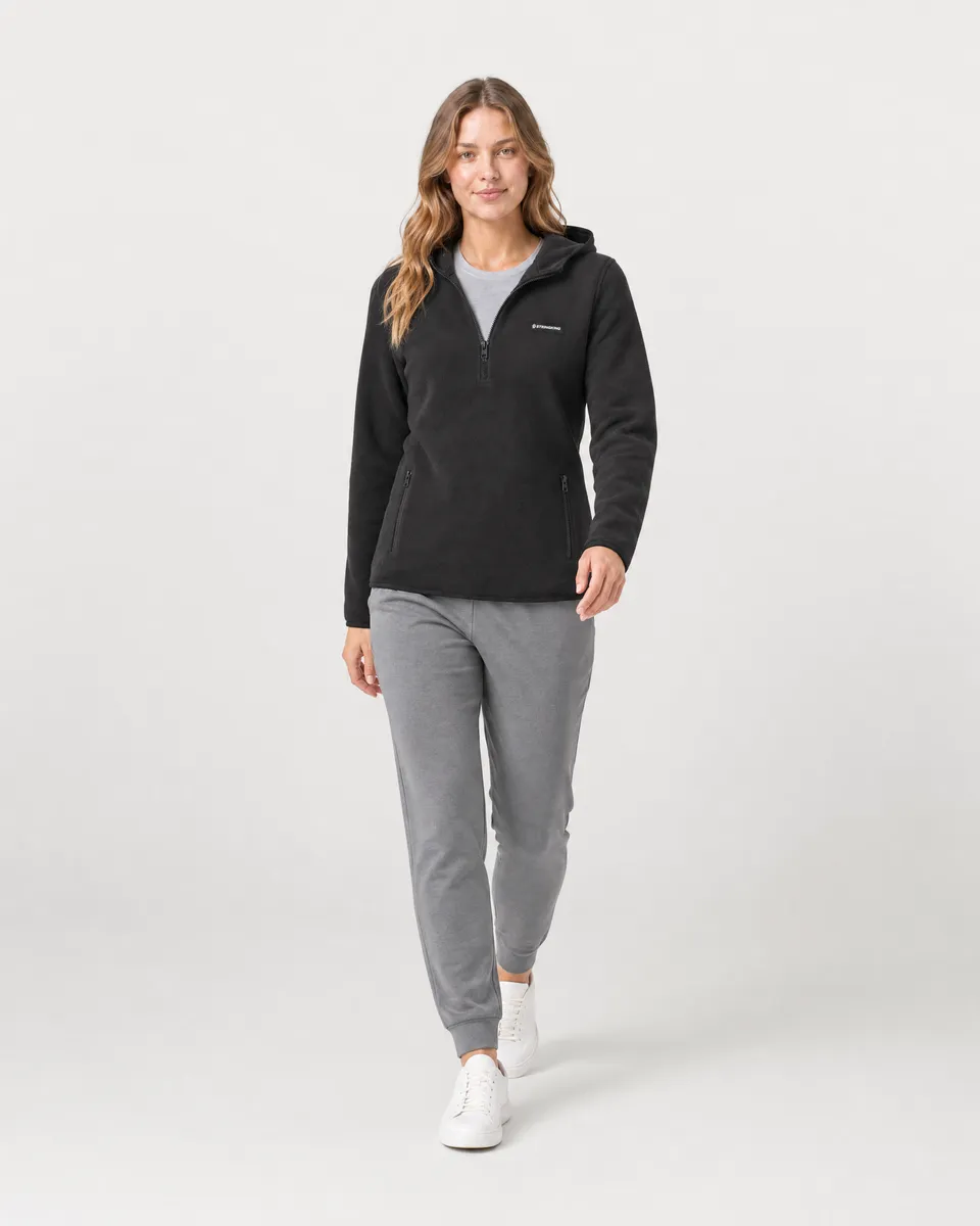 StringKing Women's Polartec Fleece Quarter Zip Hoodie with Pockets - Sharp Fit, Meteorite, Full Front Angle - Human Model