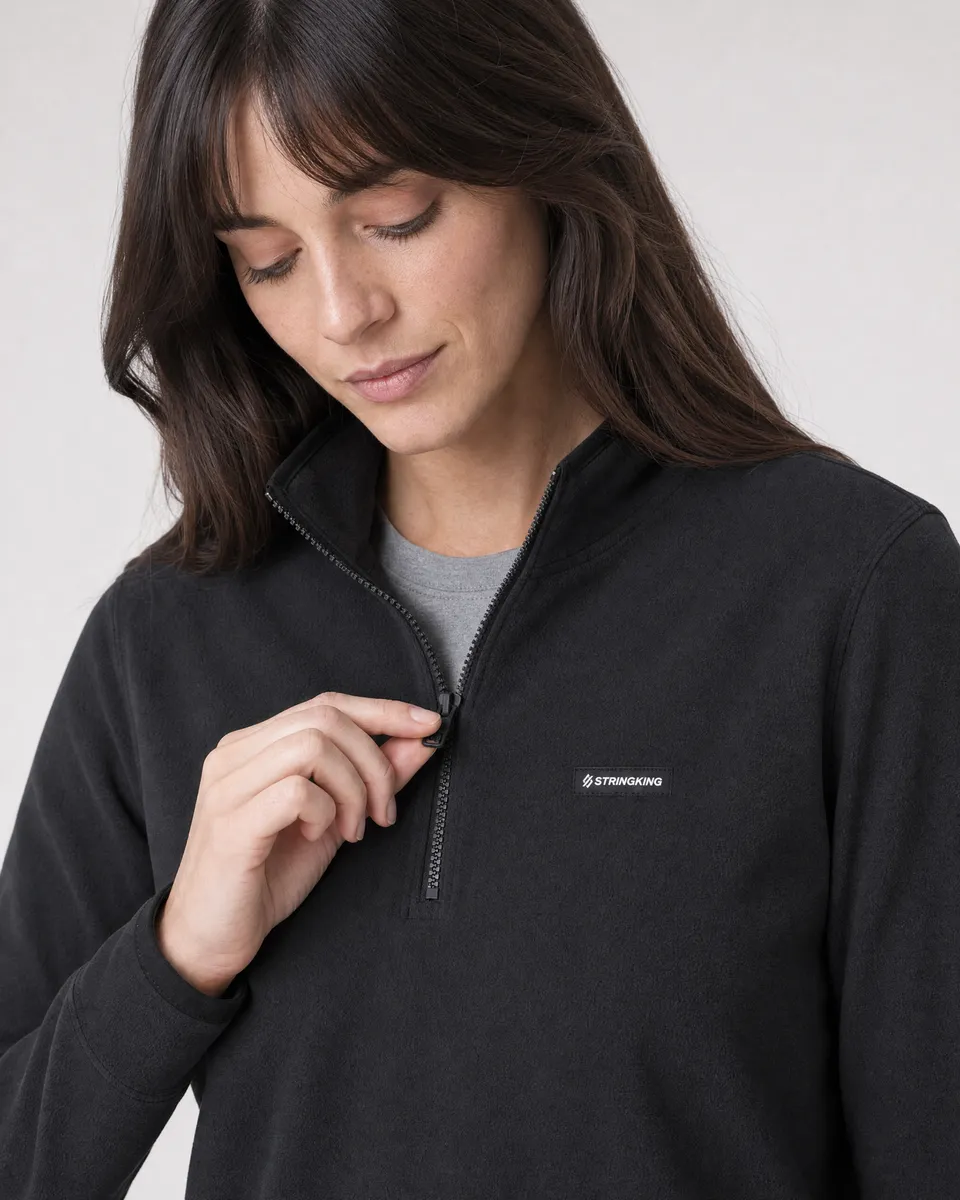 StringKing Women's Polartec Fleece Quarter Zip - Sharp Fit, Meteorite, Collar Shoulder - Human Model