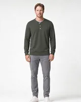 StringKing Men's Pima Terry Henley - Relaxed Fit, Moss, Full Front - Human Model - Top of head to Knees