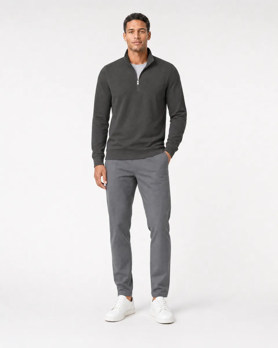 StringKing Men's Pima Terry Quarter Zip - Sharp Fit, Peat, Full Front - Human Model