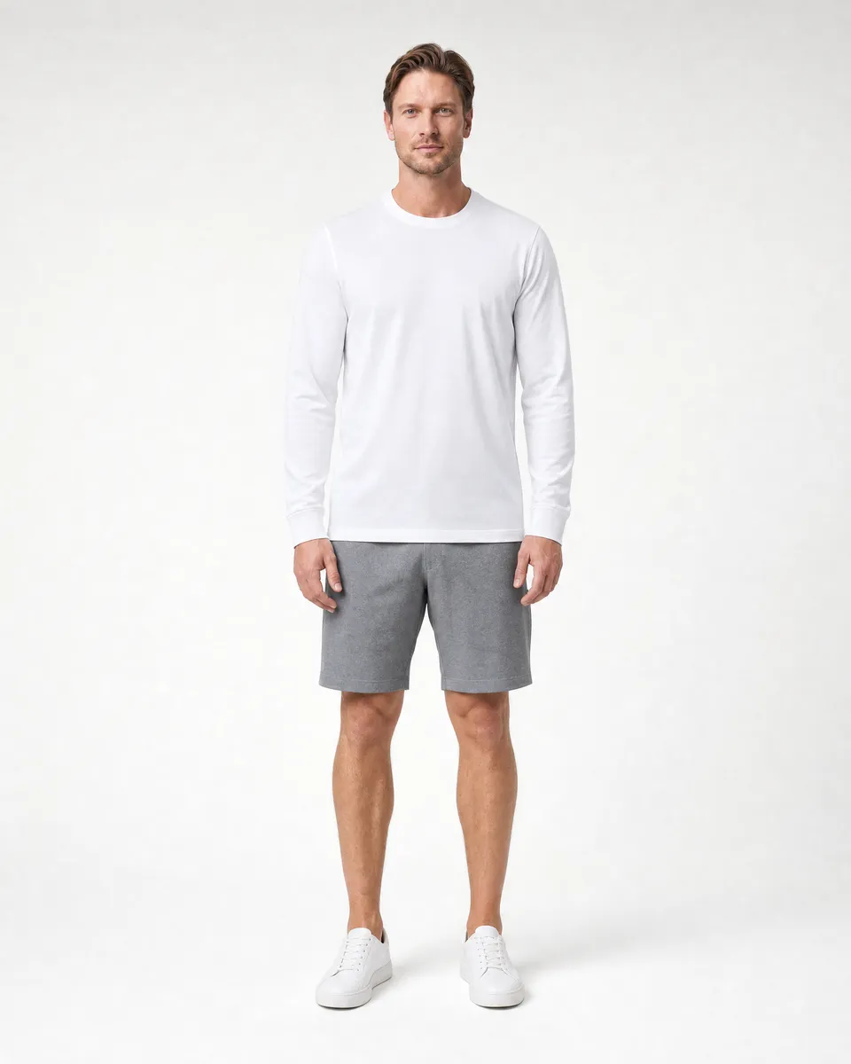 StringKing Men's Pima Jersey Long Sleeve Tee - Relaxed Fit, White, Full Front - Human Model