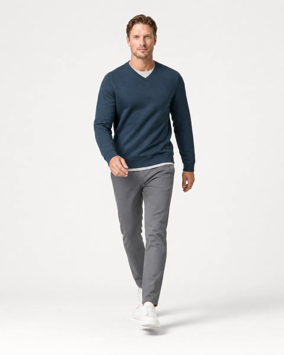 StringKing Men's Pima Terry V-Neck Sweater - Sharp Fit, Navy, Full Front Angle - Human Model