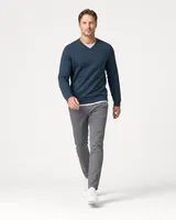 StringKing Men's Pima Terry V-Neck Sweater - Sharp Fit, Navy, Full Front Angle - Human Model