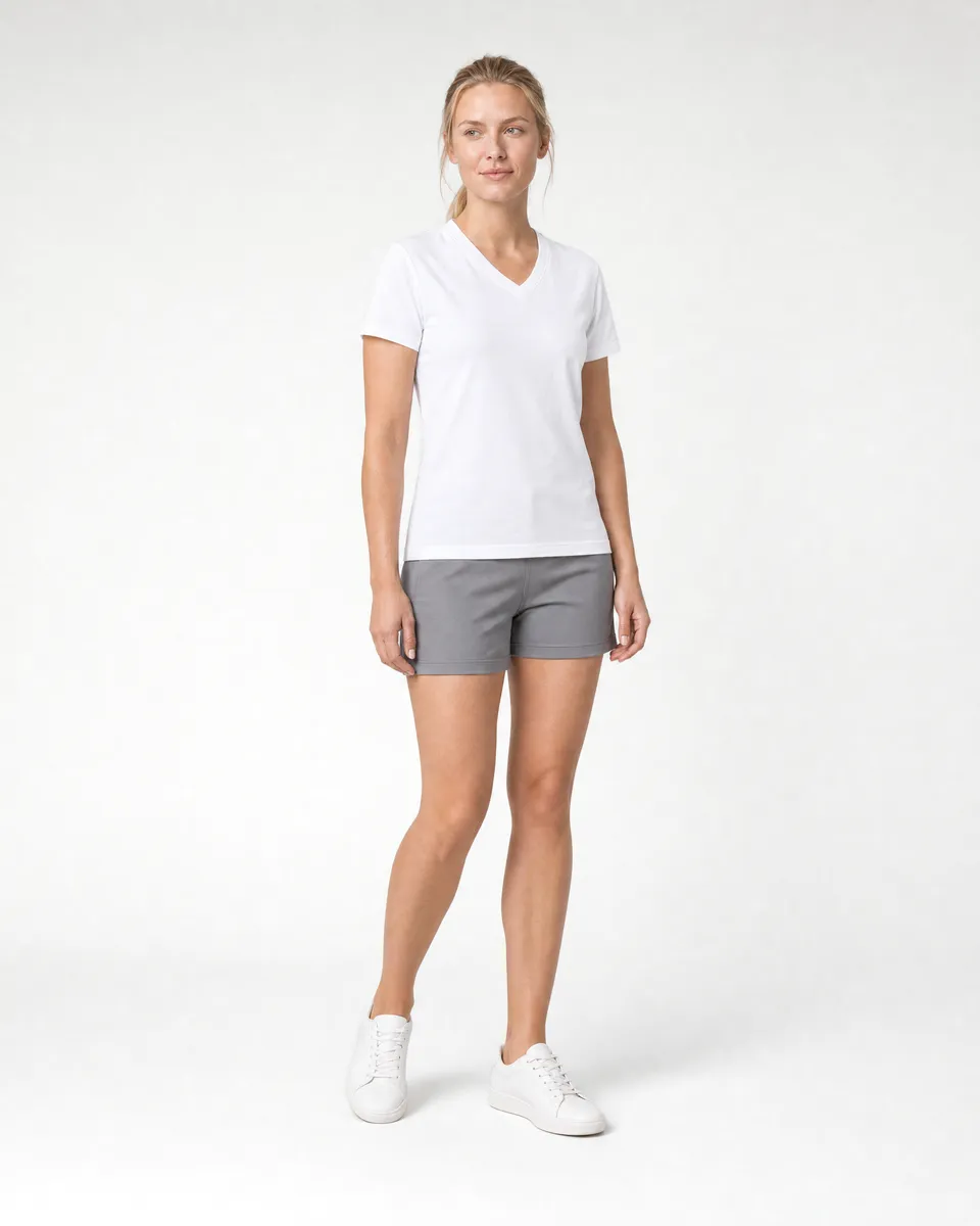 StringKing Women's Pima Terry V-Neck Tee - Sharp Fit, White, Full Front Angle - Human Model