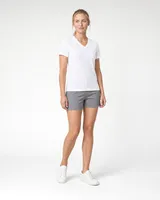 StringKing Women's Pima Terry V-Neck Tee - Sharp Fit, White, Full Front Angle - Human Model