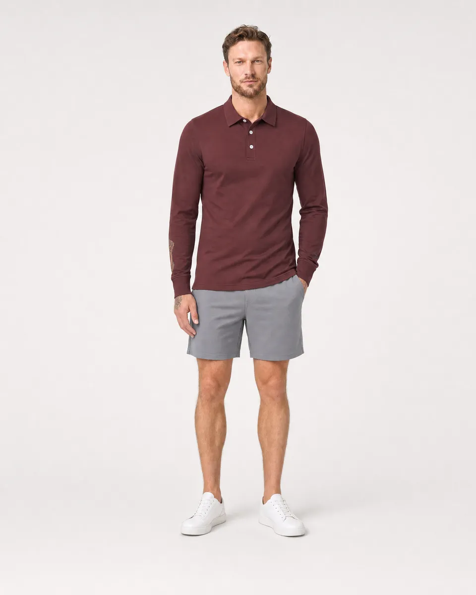 StringKing Men's Pima Jersey Long Sleeve Polo - Sharp Fit, New Maroon, Full Front - Human Model