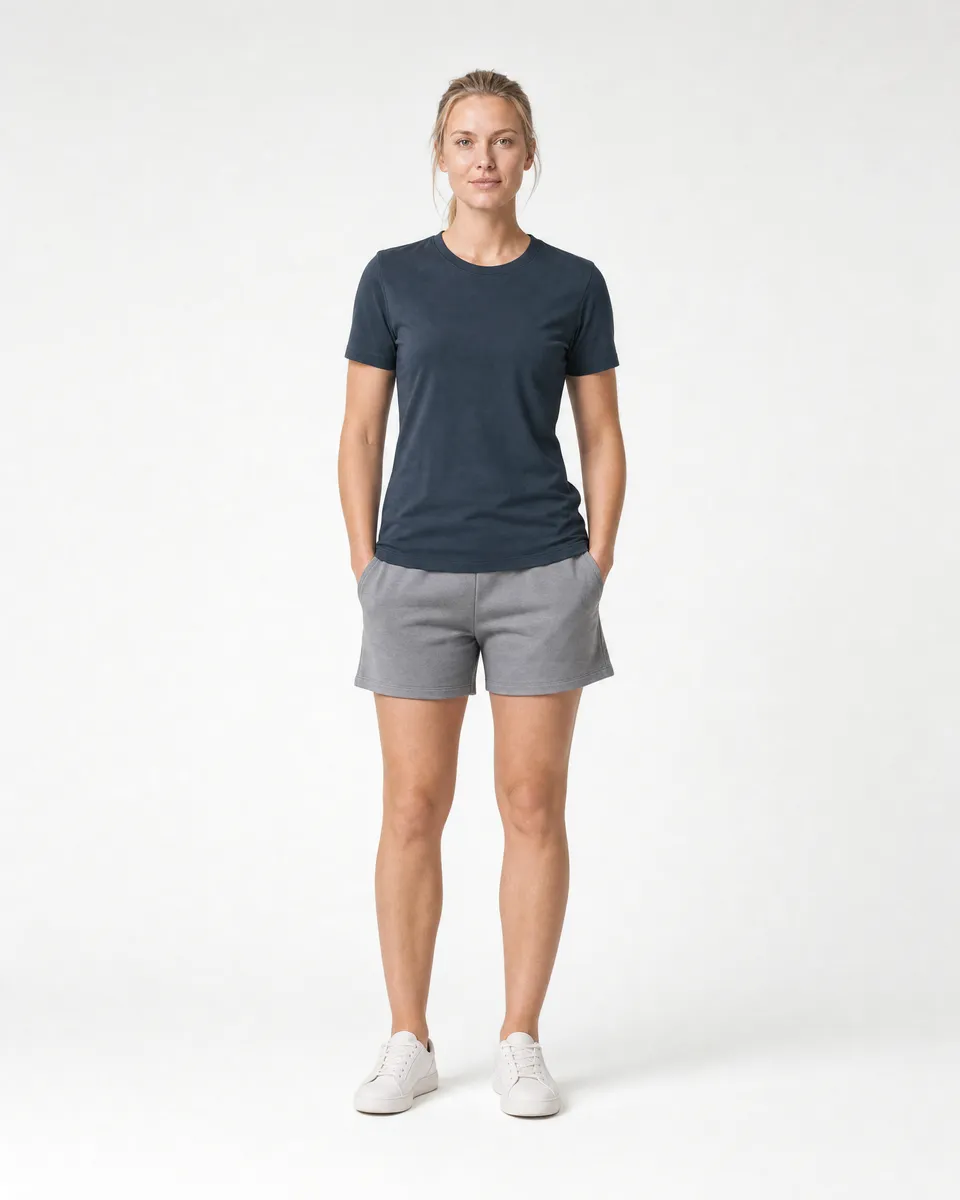 StringKing Women's Pima Jersey Tee - Sharp Fit, Navy, Full Front - Human Model