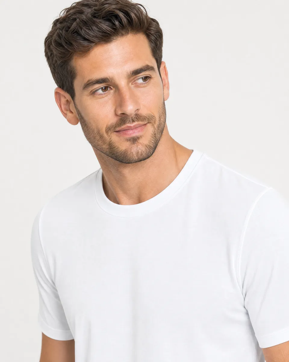 StringKing Men's StayWarm Tee - Sharp Fit, White, Collar Shoulder - Human Model