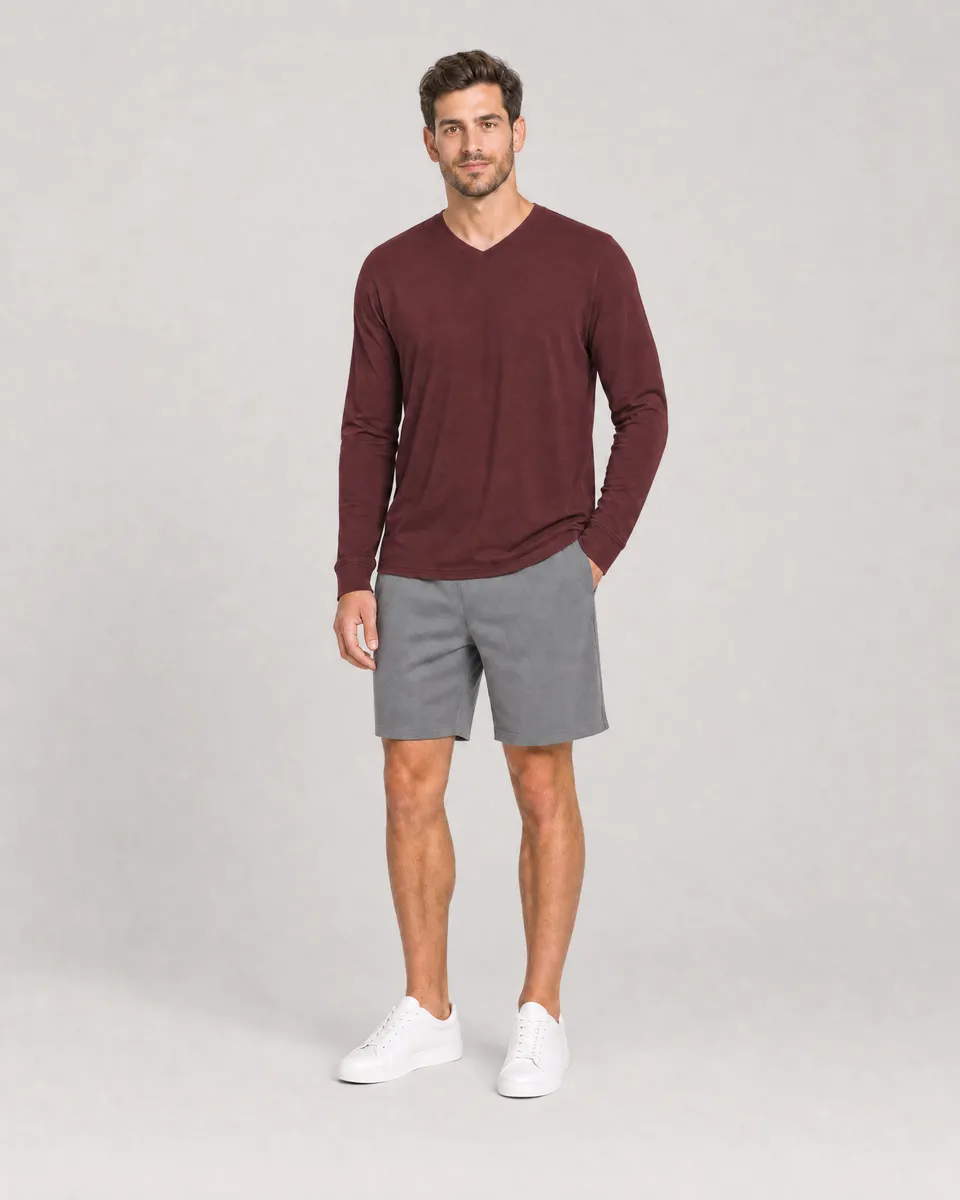StringKing Men's Pima Jersey Long Sleeve V-Neck Tee - Sharp Fit, New Maroon, Full Front - Human Model