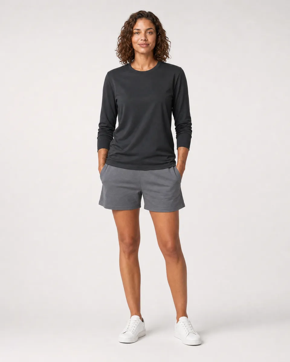 StringKing Women's Pima Jersey Long Sleeve Tee - Sharp Fit, Black, Full Front - Human Model