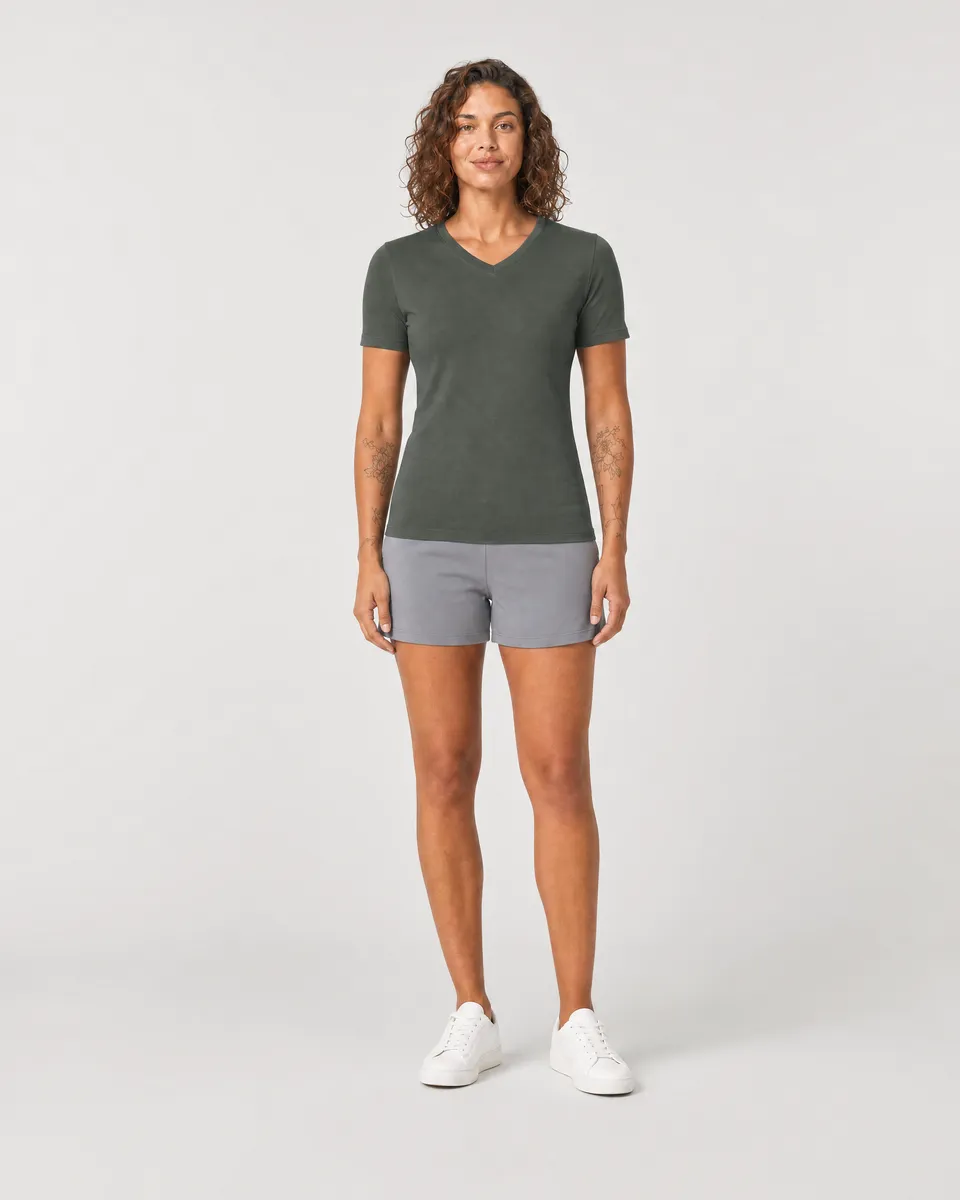 StringKing Women's Pima Jersey V-Neck Tee - Sharp Fit, Moss, Full Front - Human Model