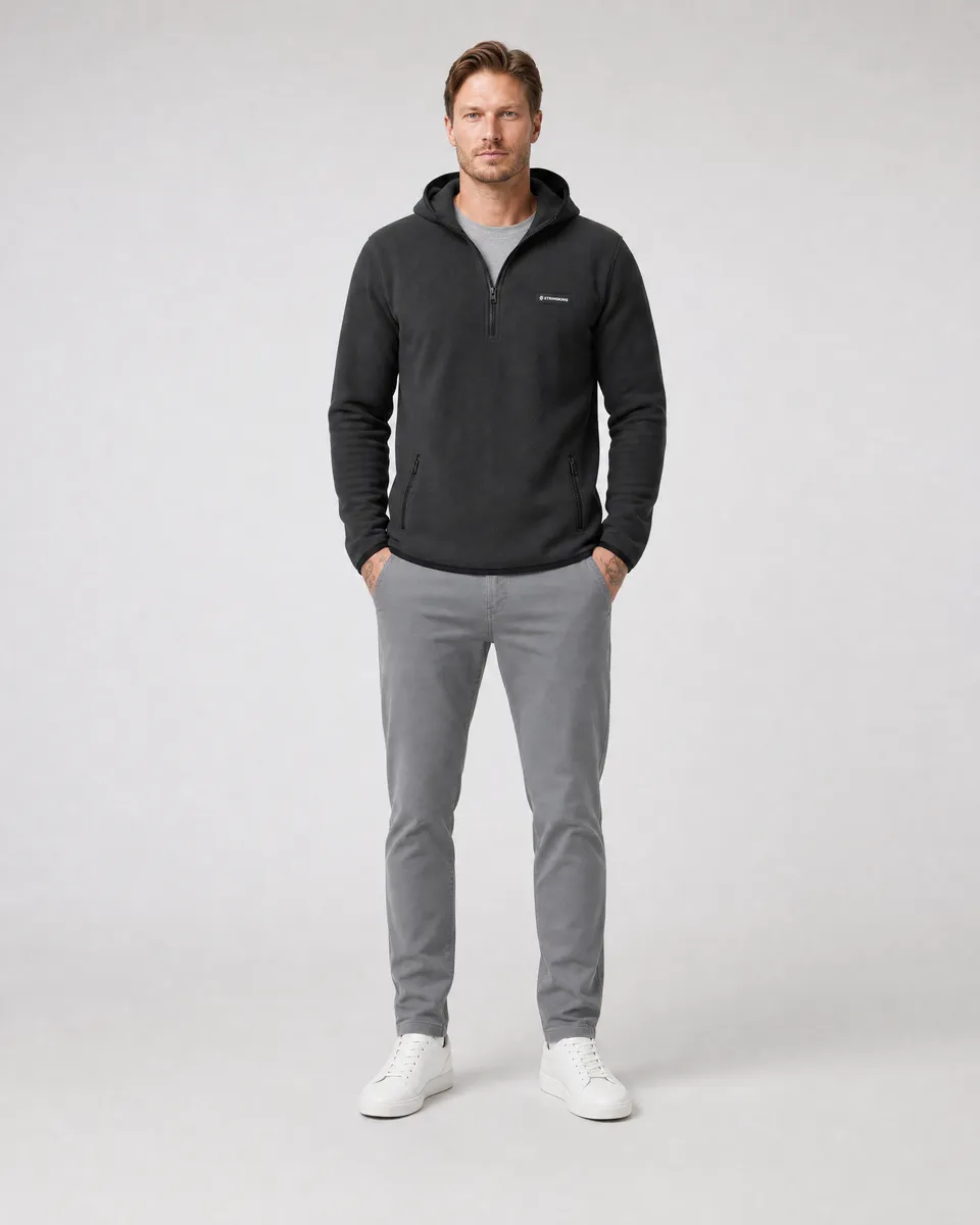 StringKing Men's Polartec Fleece Quarter Zip Hoodie with Pockets - Sharp Fit, Meteorite, Full Front - Human Model