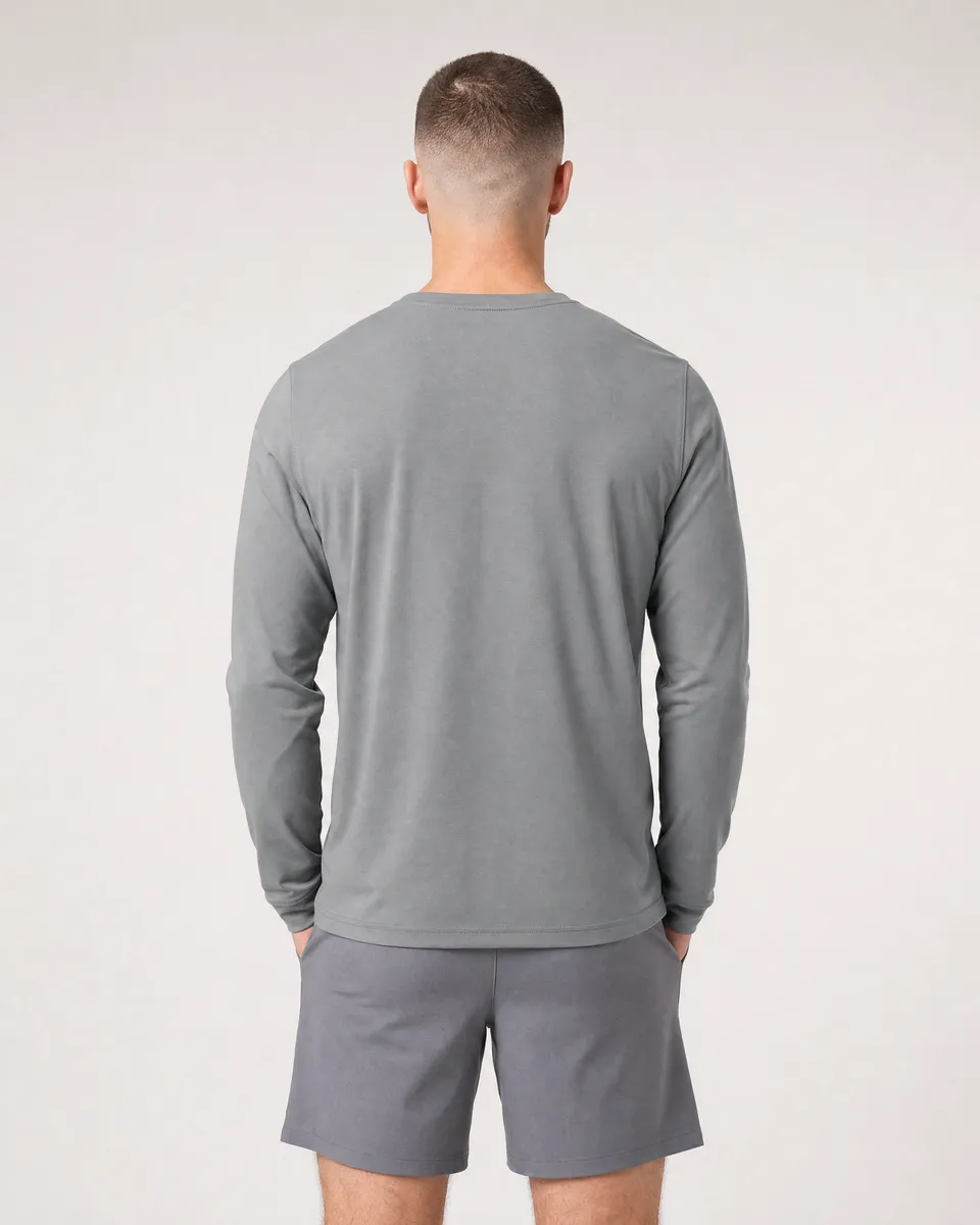 StringKing Men's StayWarm Long Sleeve Tee - Sharp Fit, Gray, Full Back - Human Model - Top of head to Mid-thigh