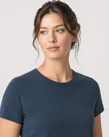 StringKing Women's Pima Terry Tee - Relaxed Fit, Navy, Collar Shoulder - Human Model